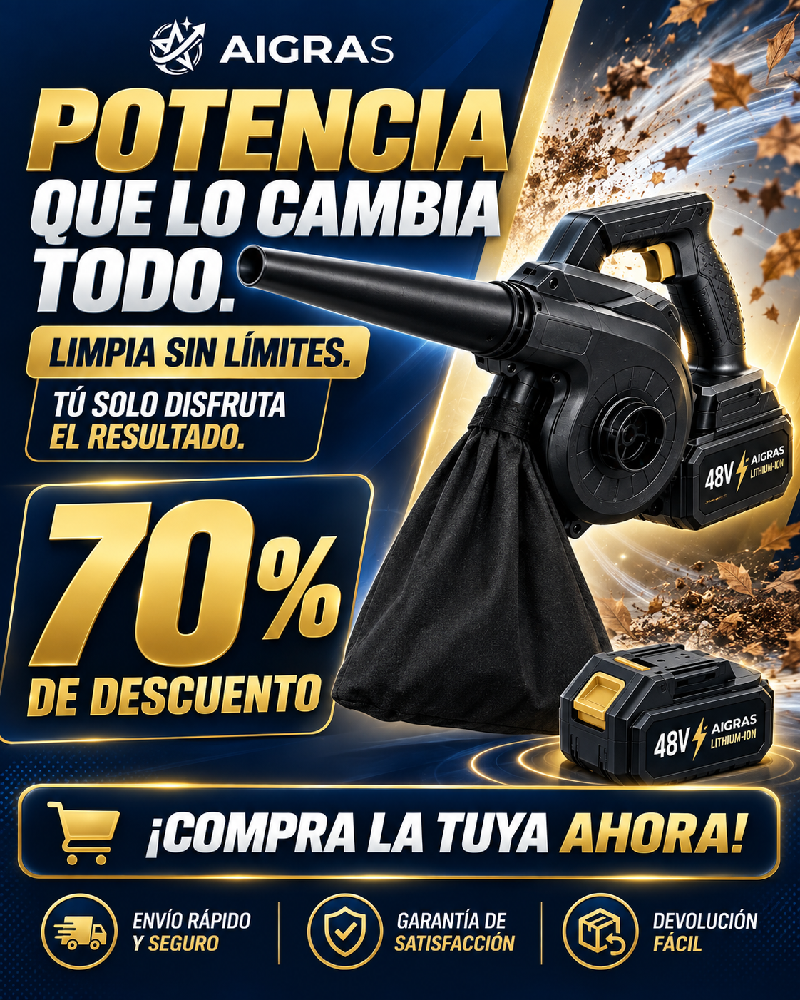 Sopladora Aspiradora Inalámbrica 2 en 1 + 2 Baterías y Accesorios